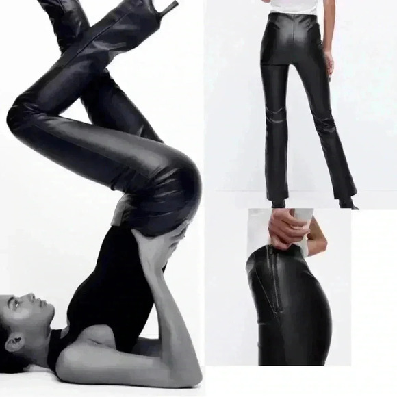 Zara Black flare faux leather pants leggings size S - Picture 1 of 9
